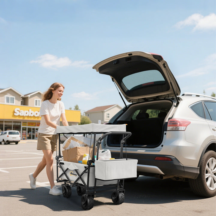 Folding Trolley Cart Storage Wagon Beach Trailer 4 Wheels with Handle Overhead Canopy Cart Push Pull for Camping, Grey