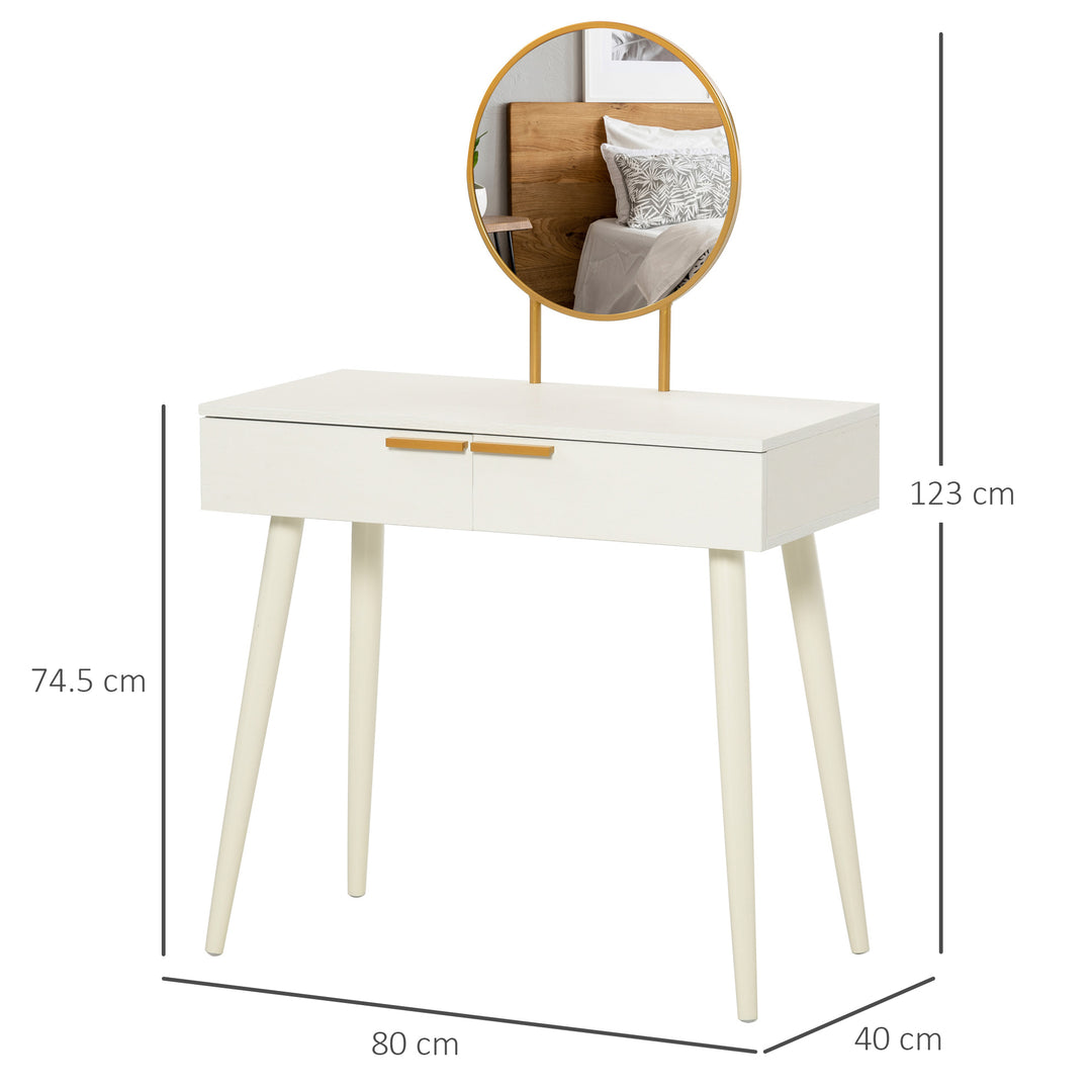 HOMCOM Modern Dressing Table with Round Mirror, Makeup Vanity Table with 2 Drawers for Bedroom, Living Room, White | Aosom UK