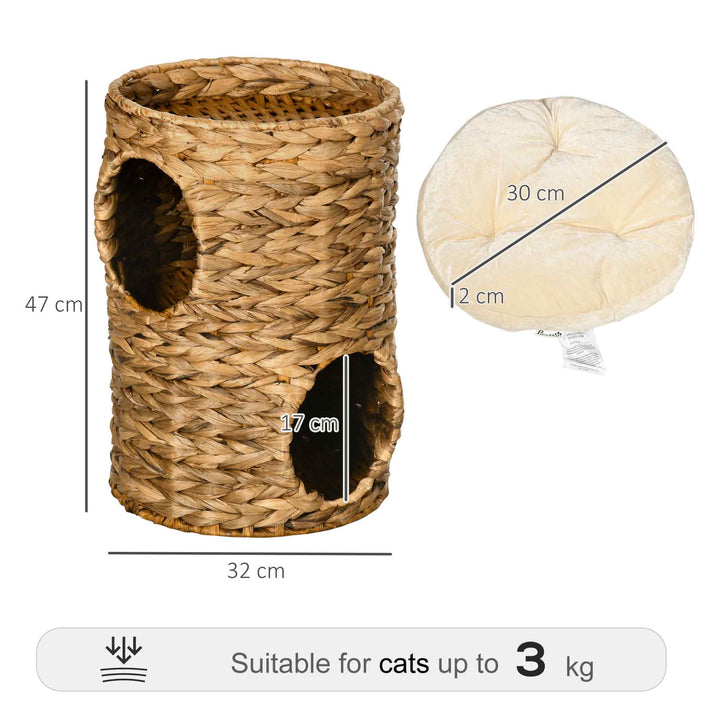 PawHut 47cm Cat Barrel Tree for Indoor Cats with 2 Cat Houses, Kitten Tower with Cushion - Light Brown | Aosom UK