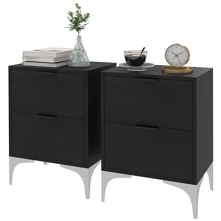 HOMCOM Bedside Tables Set of 2, Modern Nightstand w/ 2 Drawers, Small Sofa End Tables w/ Storage & Steel Legs for Bedroom, Living Room | Aosom UK