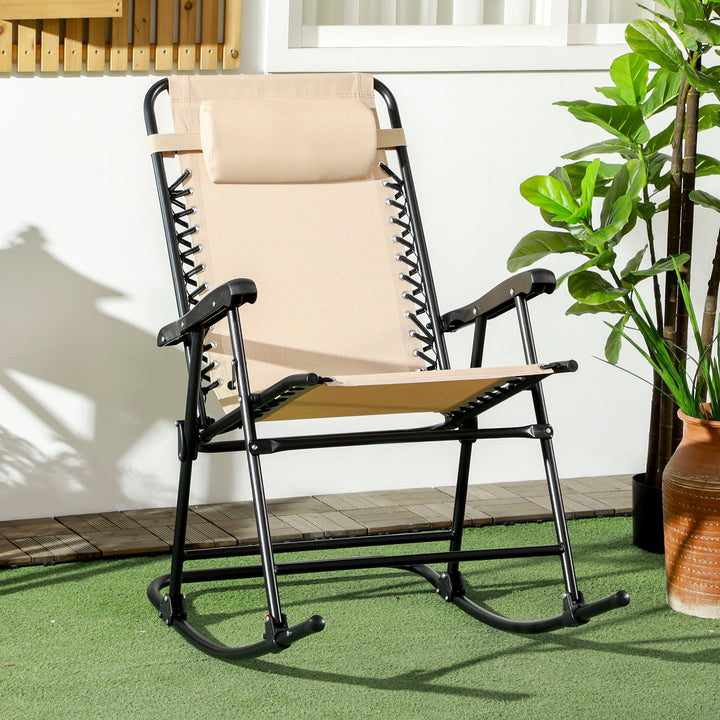 Outsunny Outdoor Folding Rocking Chair, Zero Gravity Design with Headrest, Portable and Comfortable, Beige | Aosom UK