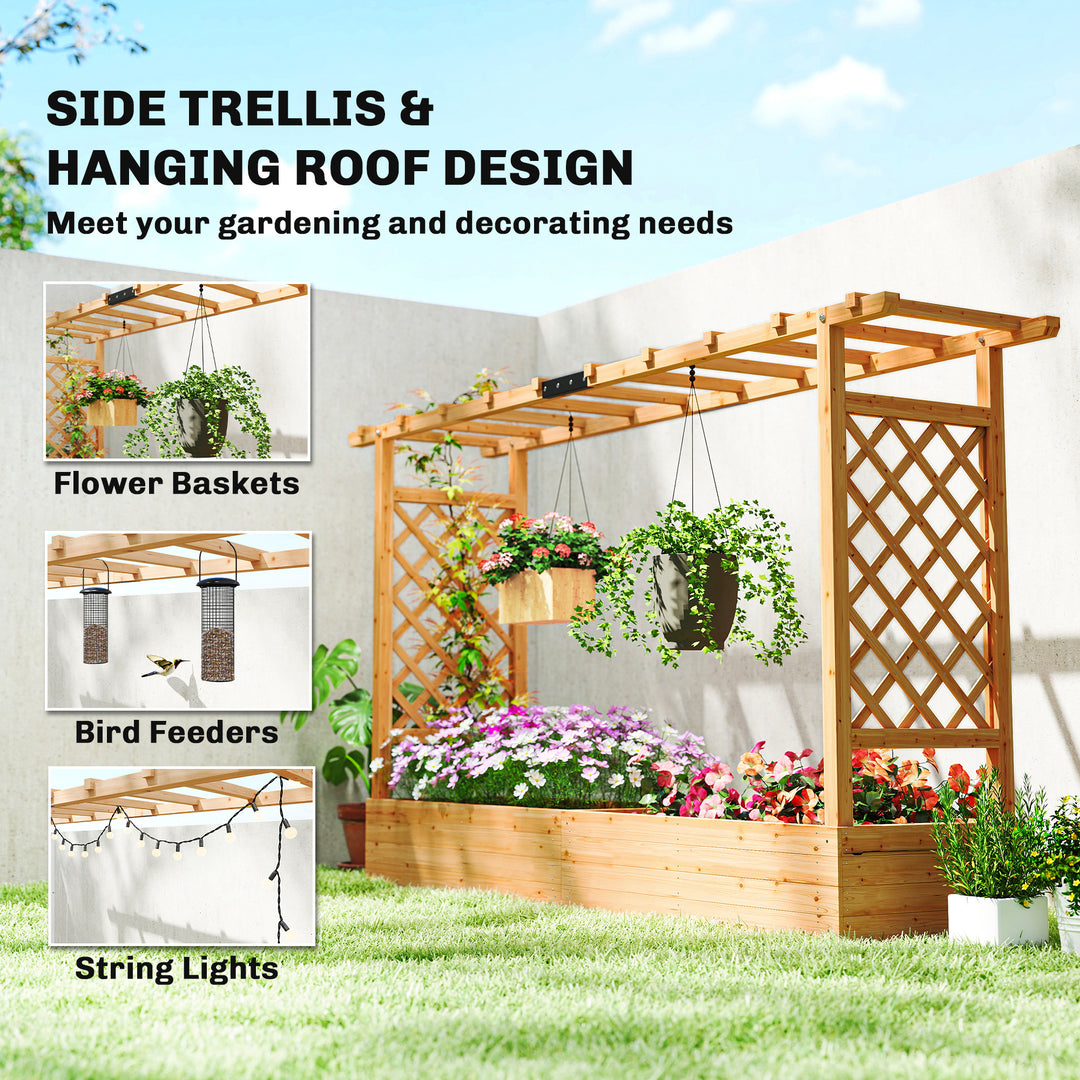 Raised Planter with Trellis, Wooden Raised Bed for Garden with Hanging Roof and Drainage Holes, Outdoor Planter Box