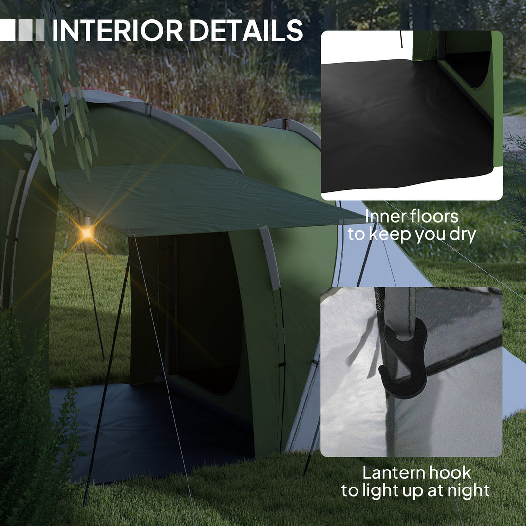 Large Camping Tent Tunnel Tent with 2 Bedroom and Living Area, 2000mm Waterproof, Portable with Bag for 4-6 Man, Green