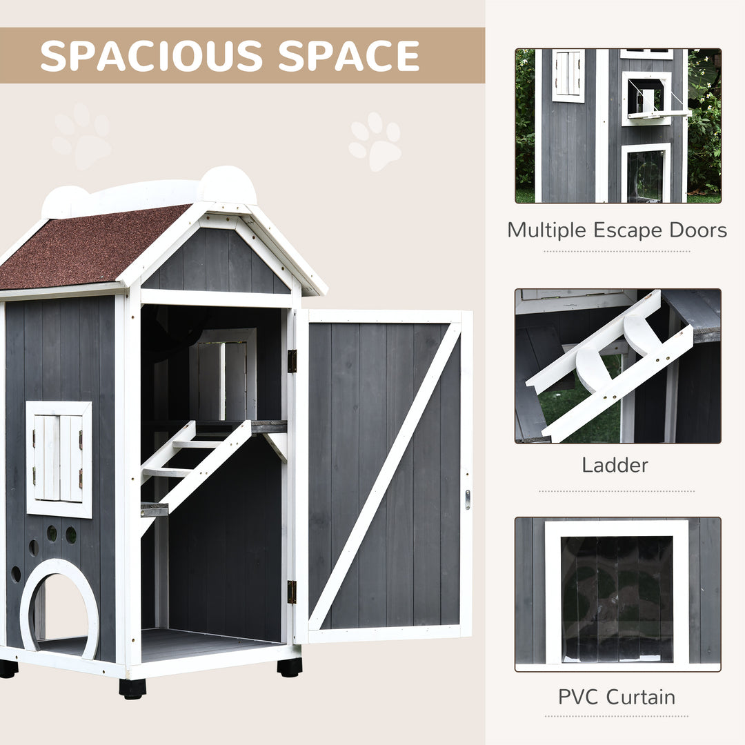 Wooden Cat House, Weatherproof Pet Shelter, Outdoor Cat Condos Cave, 2 Floor Furniture, Grey and White