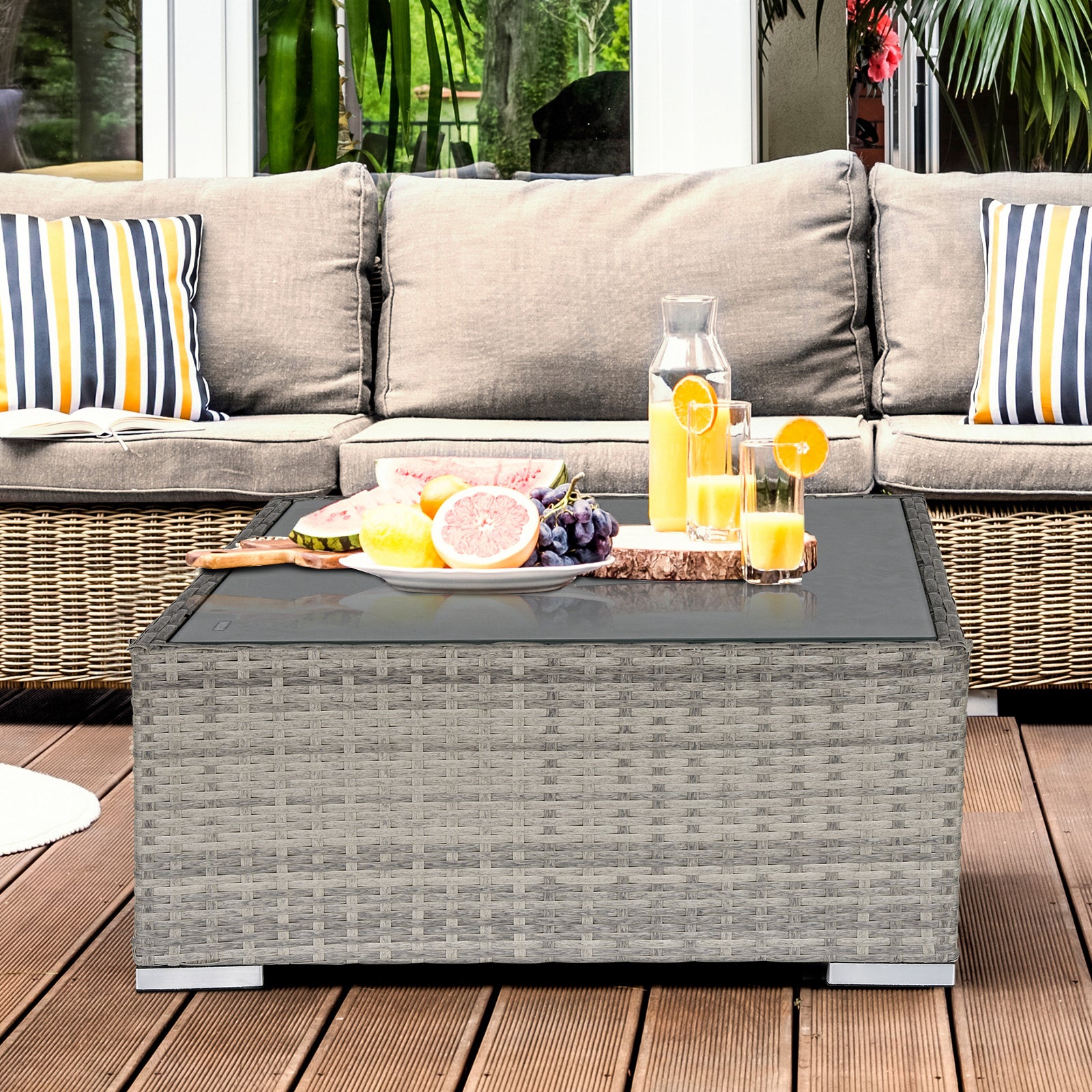 Square PE Wicker Rattan Table, with Glass Top - Light Grey