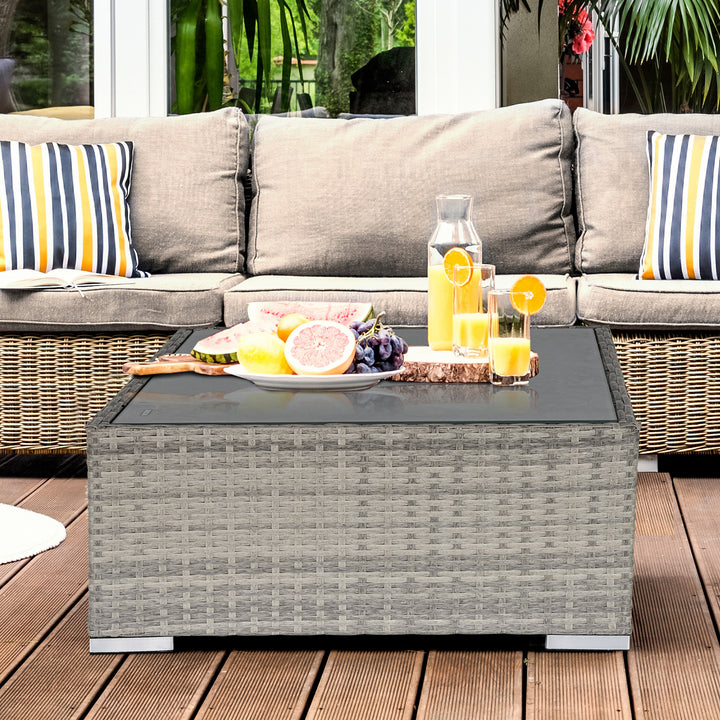 Square PE Wicker Rattan Table, with Glass Top - Light Grey