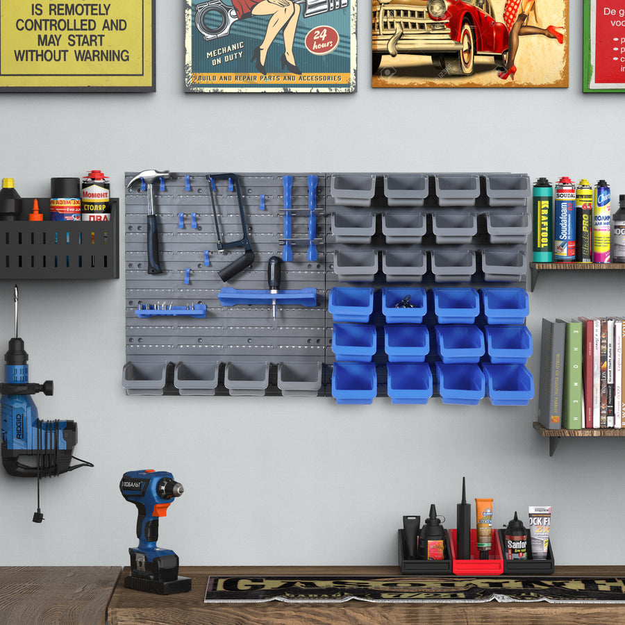 44 Piece Wall Mounted Tool Rack Organiser Storage Bins and Panel Set with Shelf Hook Screws Accessories Blue