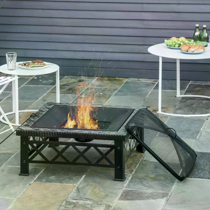 Outsunny 3 in 1 Square Fire Pit Square Table Metal Brazier for Garden, Patio w/ BBQ Grill Shelf, Spark Screen, Grate, Poker, 76x76x47cm | Aosom UK