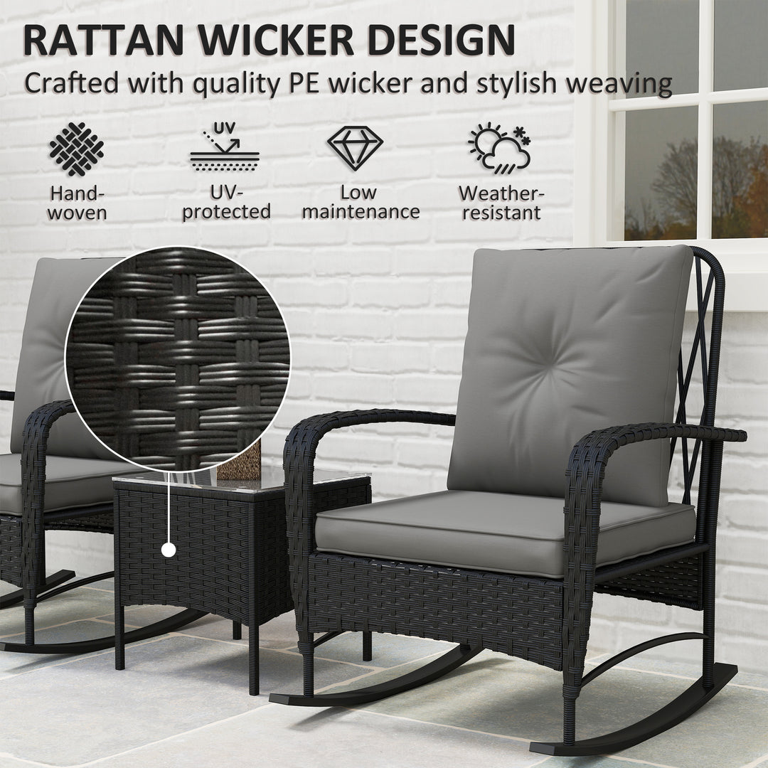 Three-Piece Rocking Chair Rattan Bistro Set - Black