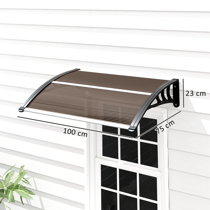Front Door Canopy Outdoor Awning Aluminium Rigid Plastic Polycarbonate Rain Shelter UV Water Rain Resistant 100 x 75cm Brown