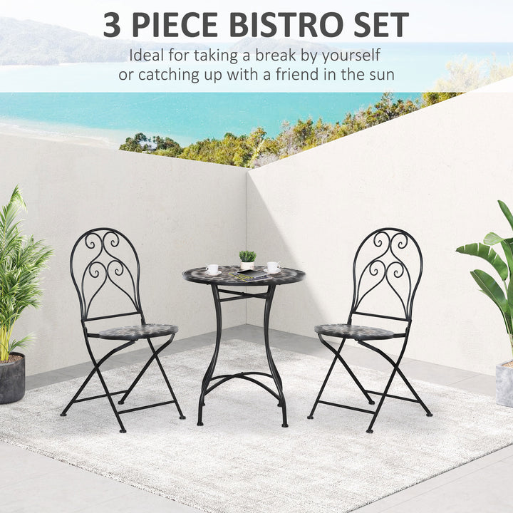 3 Pieces Garden Bistro Set with Coffee Table and 2 Folding Single Chairs, Mosaic Garden Table Top and Seats, Metal Frame, for Patio Balcony, Black