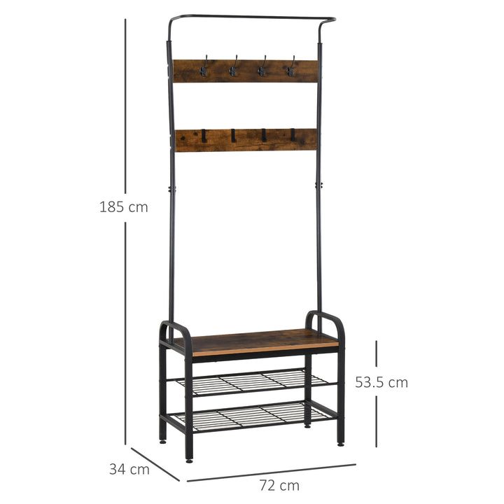 MCL Coat Rack Stand Industrial hallway Shoe Rack Removable Hooks Metal Wood Hangers Storage Cabinet Rustic Brown 72L×34W×185H(cm)