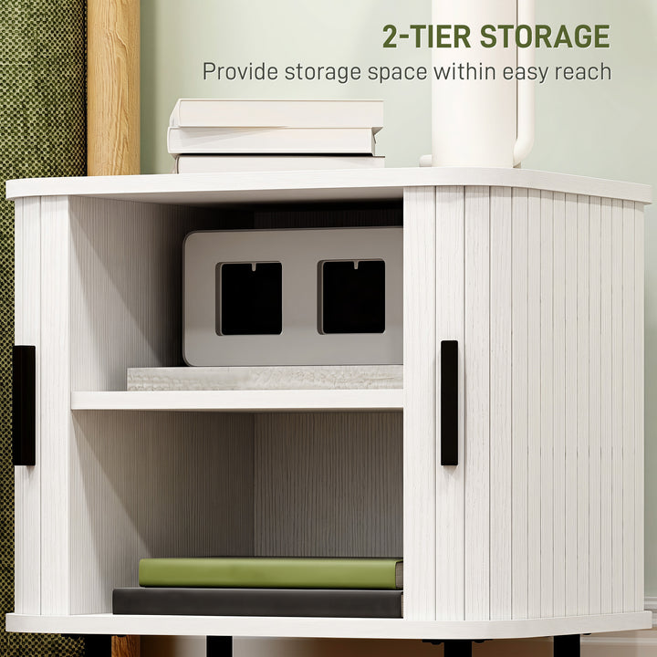 Nightstand with Sliding Doors and Metal Legs White Wood Effect