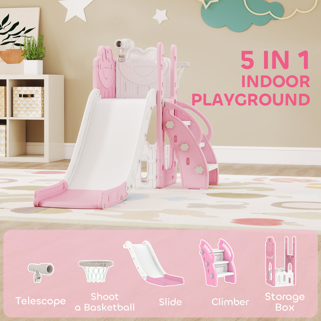 5 in 1 Kids Slide Set with Basketball Hoop, Climbing Frame, Telescope,