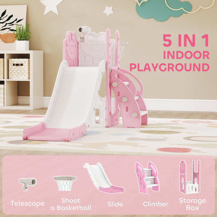 5 in 1 Kids Slide Set with Basketball Hoop, Climbing Frame, Telescope,