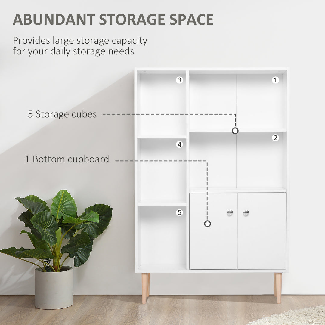 Sideboard Storage Cabinet Cupboard, Open Bookcase with 2 Doors 5 Compartments Wooden Modern Style for Living Room Bedroom Kitchen 80 x 23 x 123 cm, White