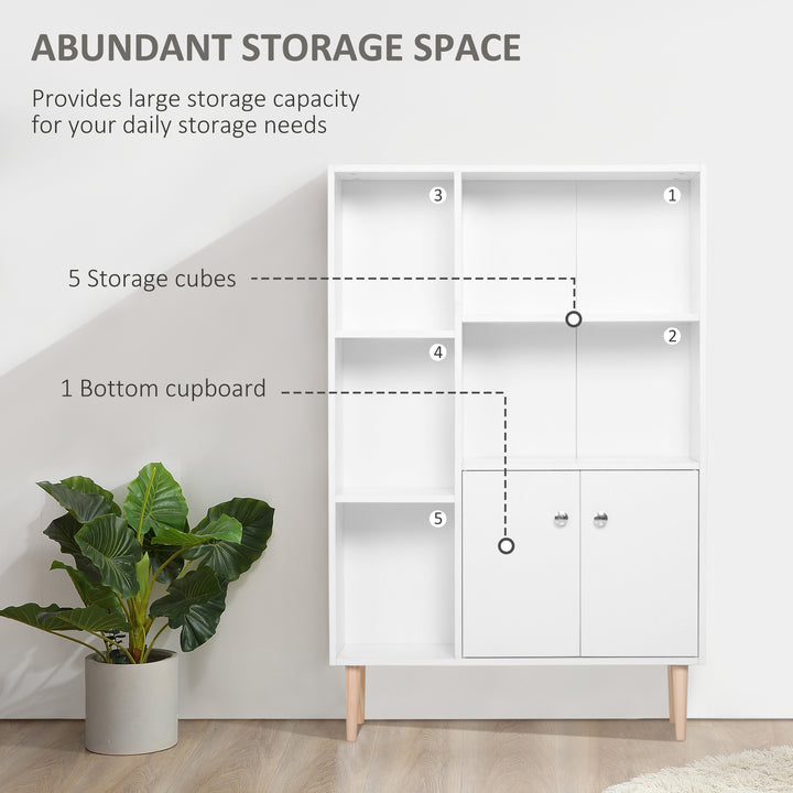 Sideboard Storage Cabinet Cupboard, Open Bookcase with 2 Doors 5 Compartments Wooden Modern Style for Living Room Bedroom Kitchen 80 x 23 x 123 cm, White