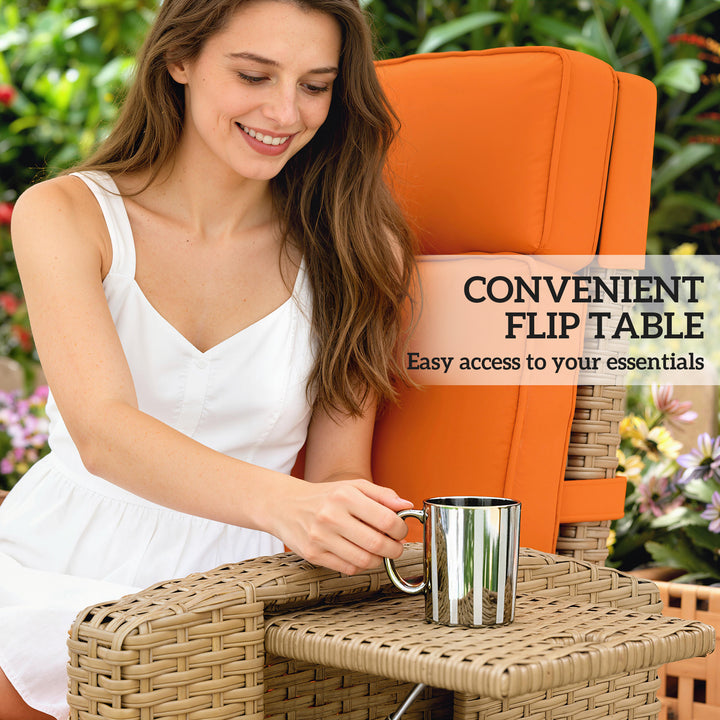 145° Reclining Rattan Armchair, with Footrest - Khaki/Orange