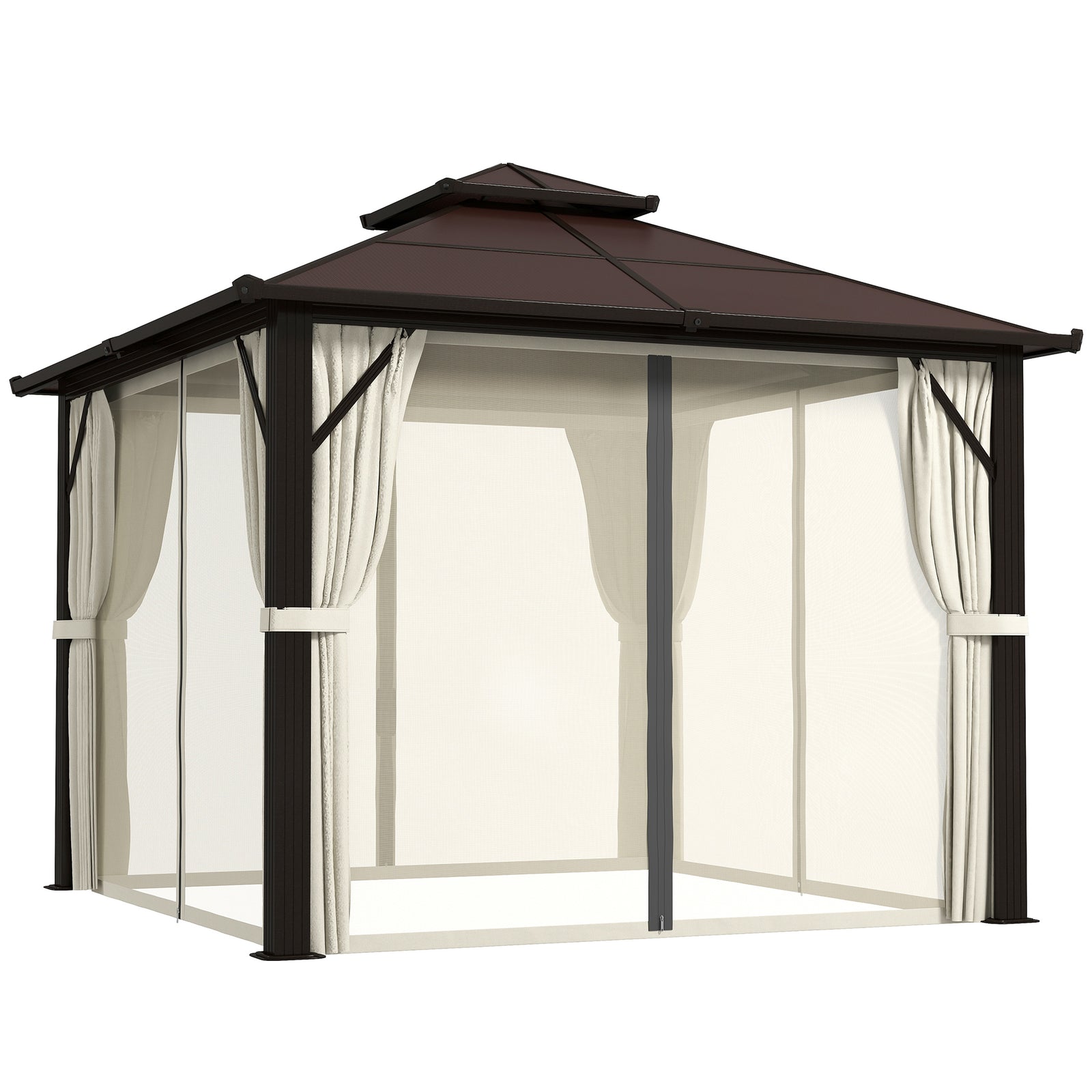 3 x 3(m) Hardtop Gazebo Canopy with UPF30+ Double Polycarbonate Roof, Aluminium Frame Garden Gazebo Permanent Pavilion with Mosquito Netting and Curtains for Patio, Deck, Beige