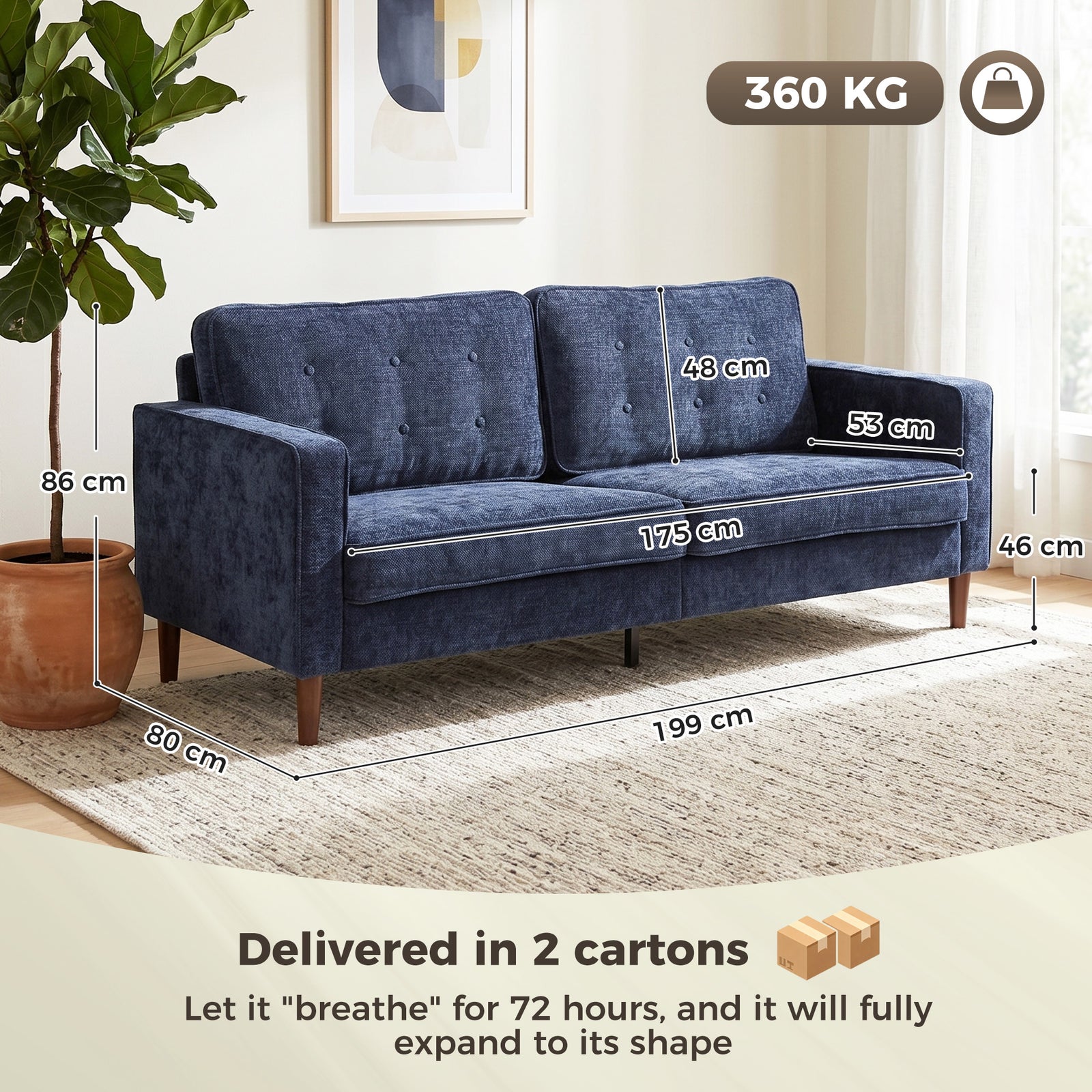3 Seater Sofa Button Tufted Upholstered Couch with Wood Legs for Livin