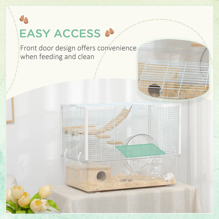 PawHut Hamster Cage, Gerbilarium Cage, Wooden Ramp, Exercise Wheel, Food Bowl, Natural Tone and White | Aosom UK