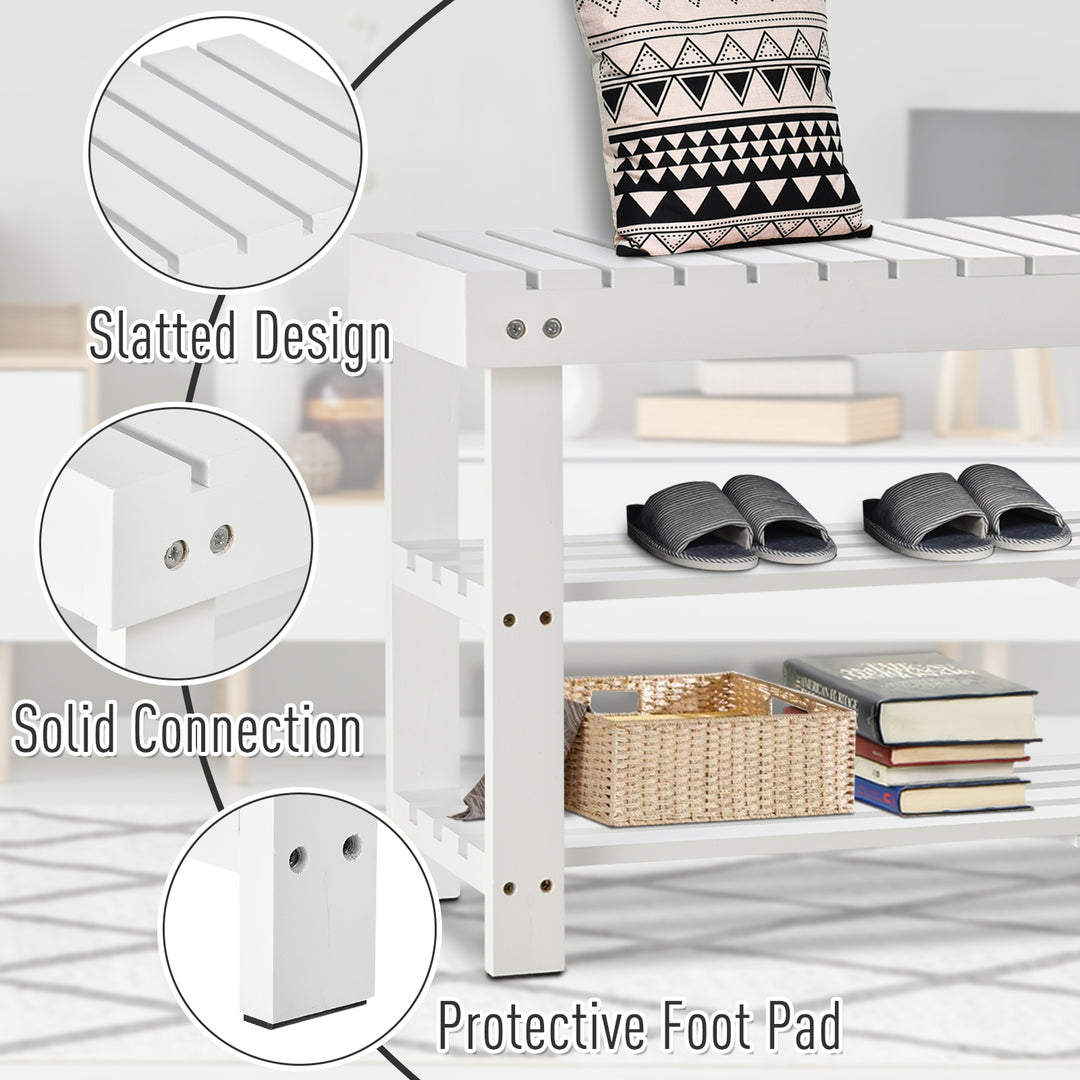 Shoe Bench, 3-Tier Wooden Shoe Rack with Hidden Storage Compartment, Slatted Shelves, Home Storage Unit, Hallway Furniture, White, 90L x 29W x45H cm
