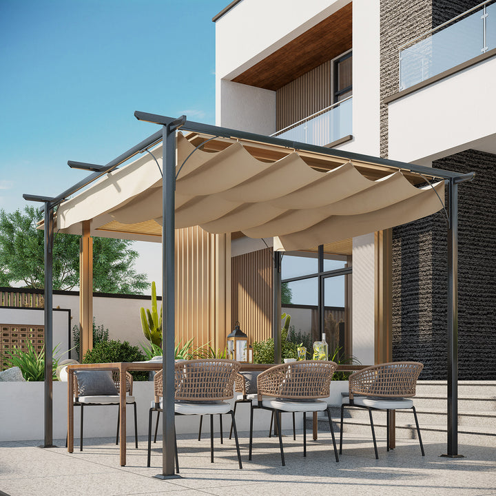 3 x 3(m) Metal Pergola with Retractable Roof, Garden Gazebo Metal Pergola Canopy. Outdoor Sun Shade Shelter for Party BBQ, Beige