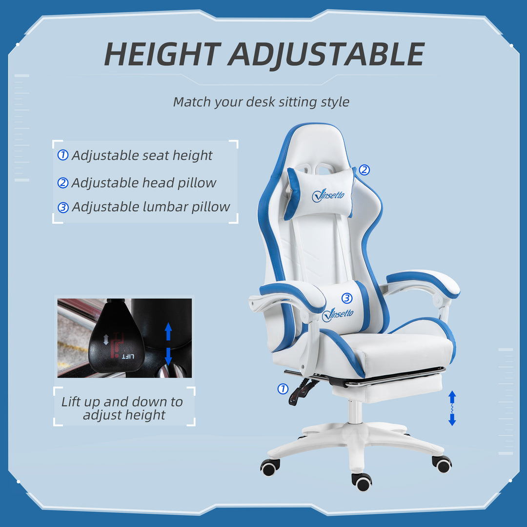 Computer Gaming Chair, PU Leather Office Desk Chair with Footrest, Swivel Wheels, 135° Reclining Back, Lumbar Support, Headrest for Home, White and Blue