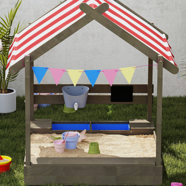 House-Designed Wooden Sandbox, Outdoor Sandpit, with Blackboard, Toys, Sink, Seats, Flags, for Ages 3-7 Years - Grey