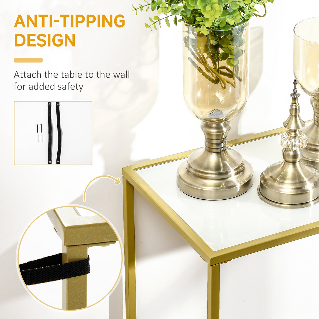 Modern Console Table, Tempered Glass Top Sofa Table with Steel Frame Adjustable Feet for Living Room, Hallway, White