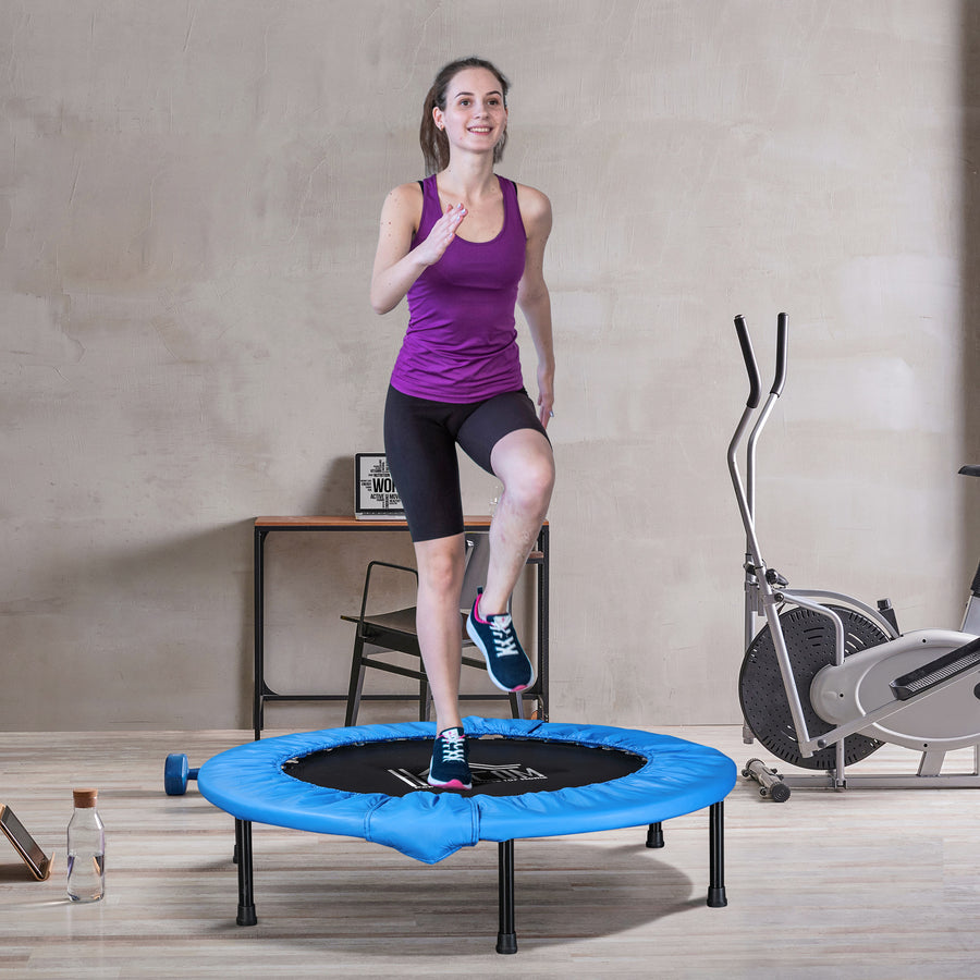 Φ101 Mini Fitness Trampoline Home Gym Yoga Exercise Rebounder Indoor Outdoor Jumper with Safety Pad, Support Up to 100 KG, Blue and Black