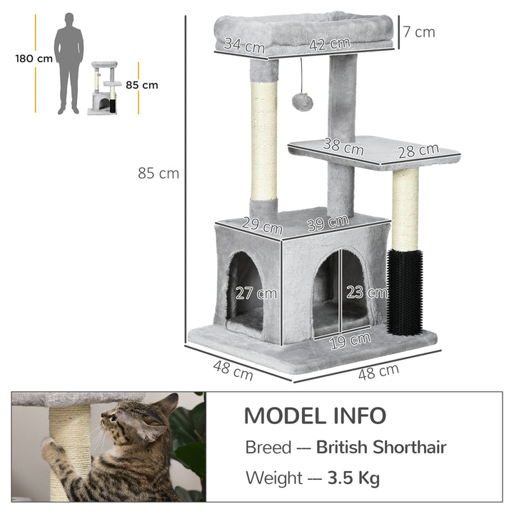 PawHut Cat Tree Tower with Sisal Scratching Posts, Kitten Climbing Activity Centre, Massage Toy Included, 48 x 48 x 80cm, Light Grey | Aosom UK