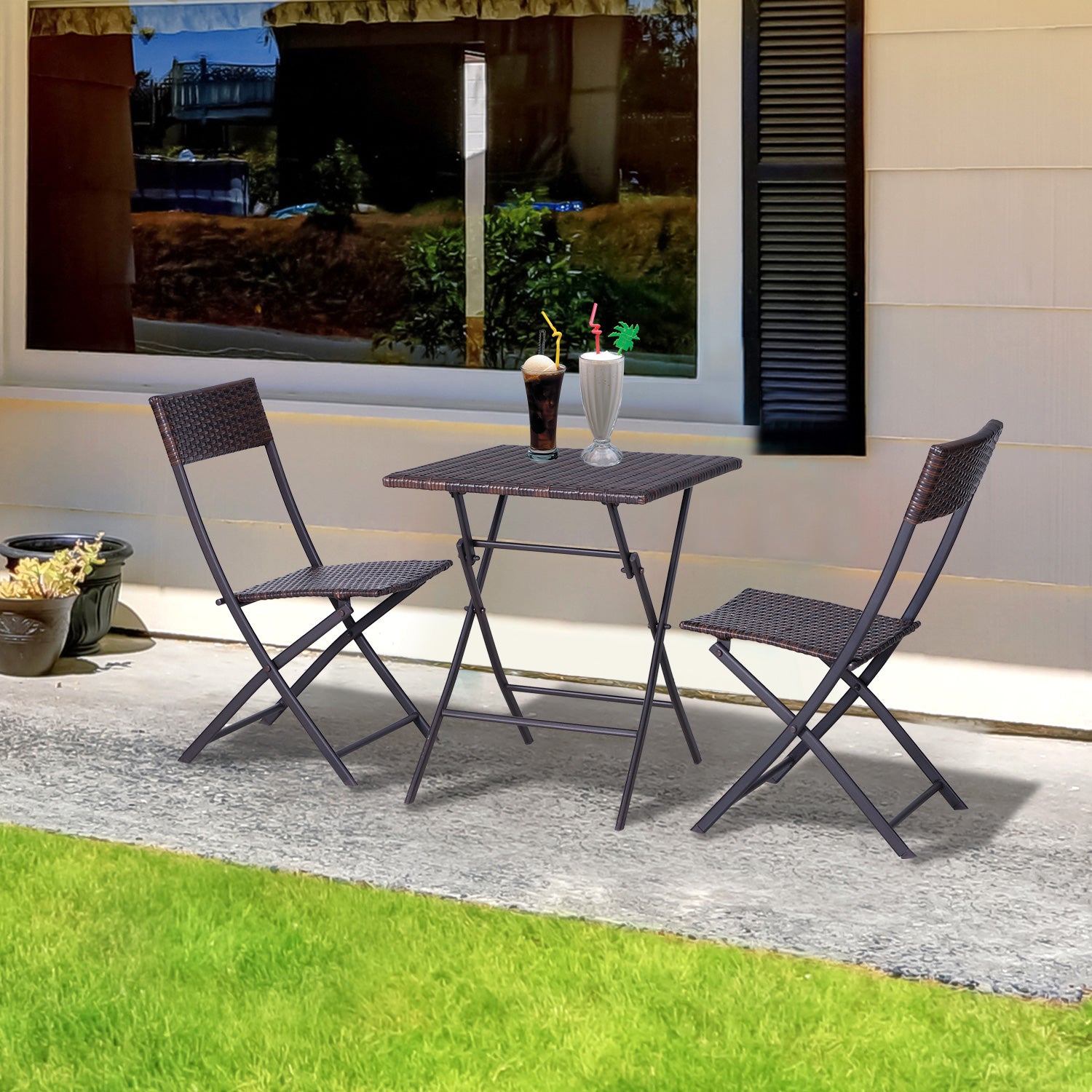 2-Seater Rattan Bistro Set: 1 x table, 2 x chairs-Brown