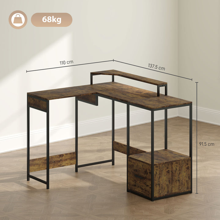 Industrial 'L' Shaped Multi-Work Desk - Brown