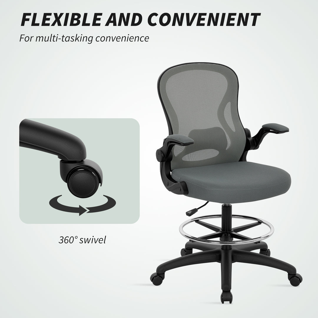 Draughtsman Chair with Flip-up Armrests, Mesh Standing Desk Chair with Lumbar Support and Adjustable Foot Ring for Bar Counter, Charcoal Grey