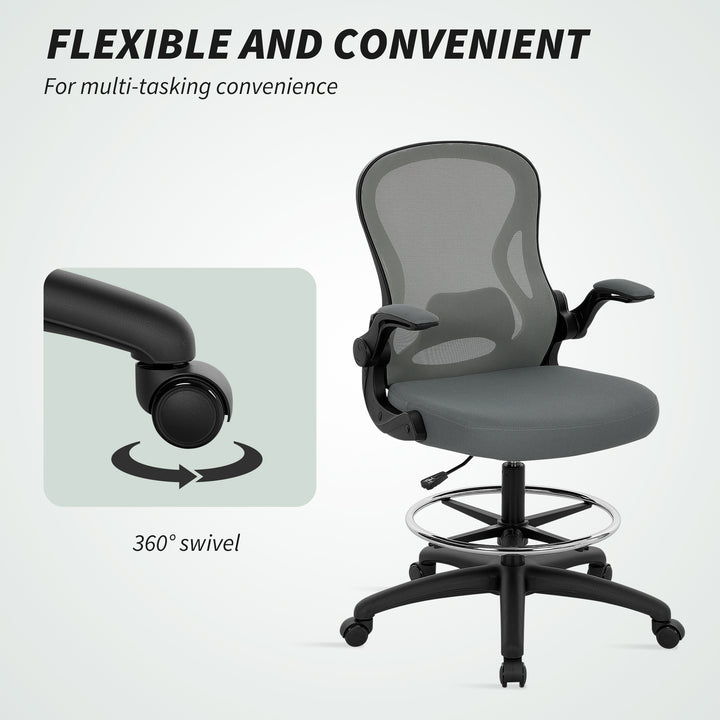 Draughtsman Chair with Flip-up Armrests, Mesh Standing Desk Chair with Lumbar Support and Adjustable Foot Ring for Bar Counter, Charcoal Grey