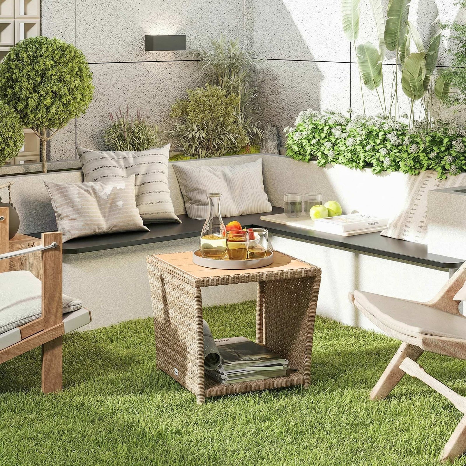 Side Table 2-Tier Outdoor Coffee Table with Storage Shelf PS Wood Slat