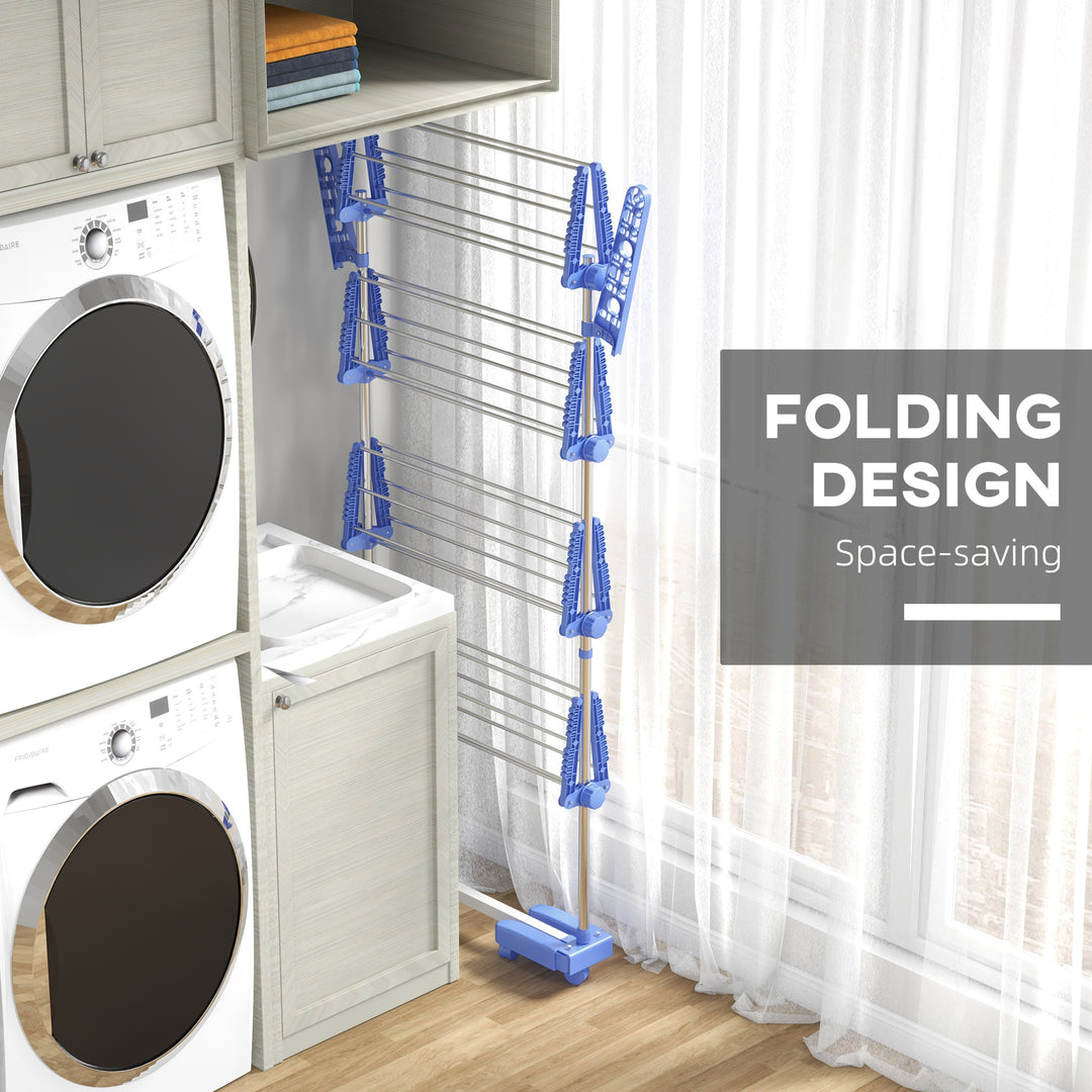 Four-Shelf Collapsing Clothes Horse, With Side Arms and Wheels - Blue