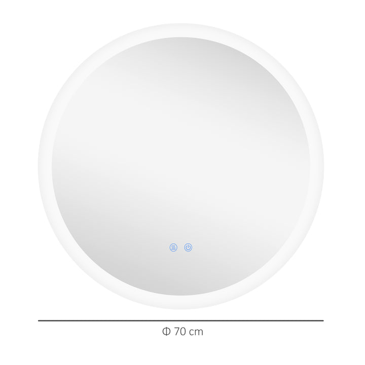 Round Bathroom Mirror with LED Lights, Wall-Mounted Dimmable Makeup Mirror with 3 Temperature Colours, Defogging Film, Memory Function, Hardwired, 70 x 70 cm