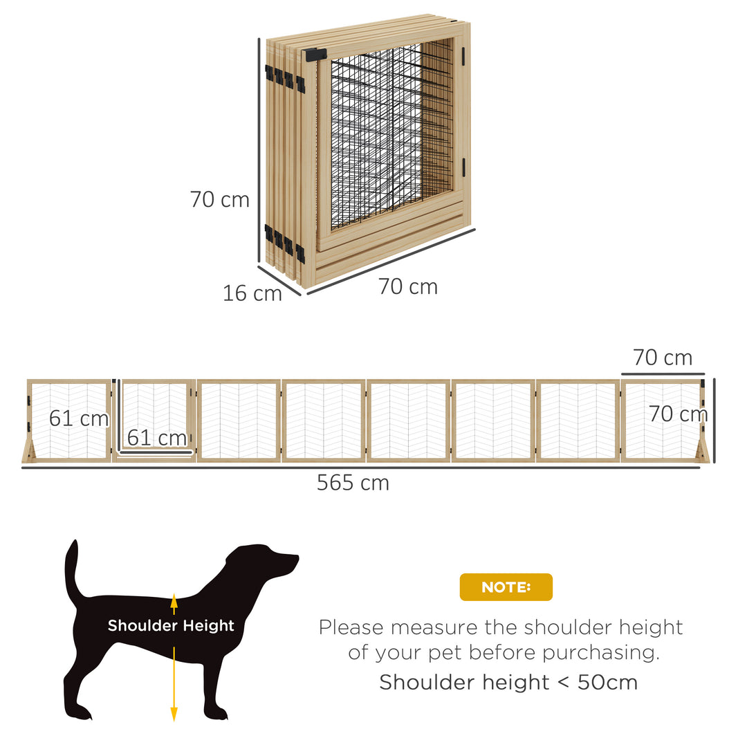 8 Panels Foldable Pet Gate with Support Feet, for House, Doorway, Stairs, Small and Medium Dogs - Natural Wood