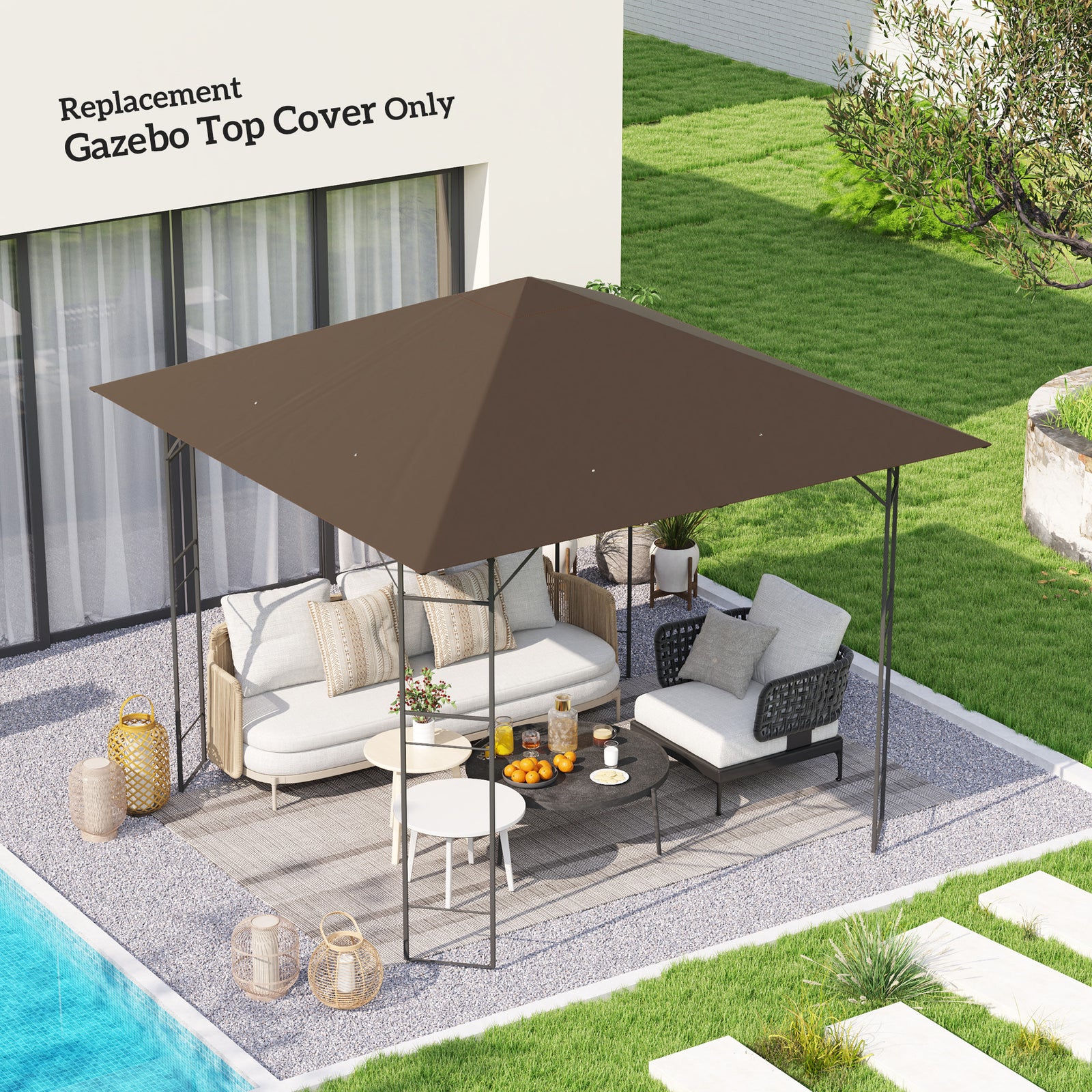3 x 3(m) Gazebo Canopy Replacement Cover, Garden Gazebo Roof Replacement with Drain Holes, Water-resistant Plastic Coating, 370g/㎡, UPF30+, TOP COVER ONLY, Brown