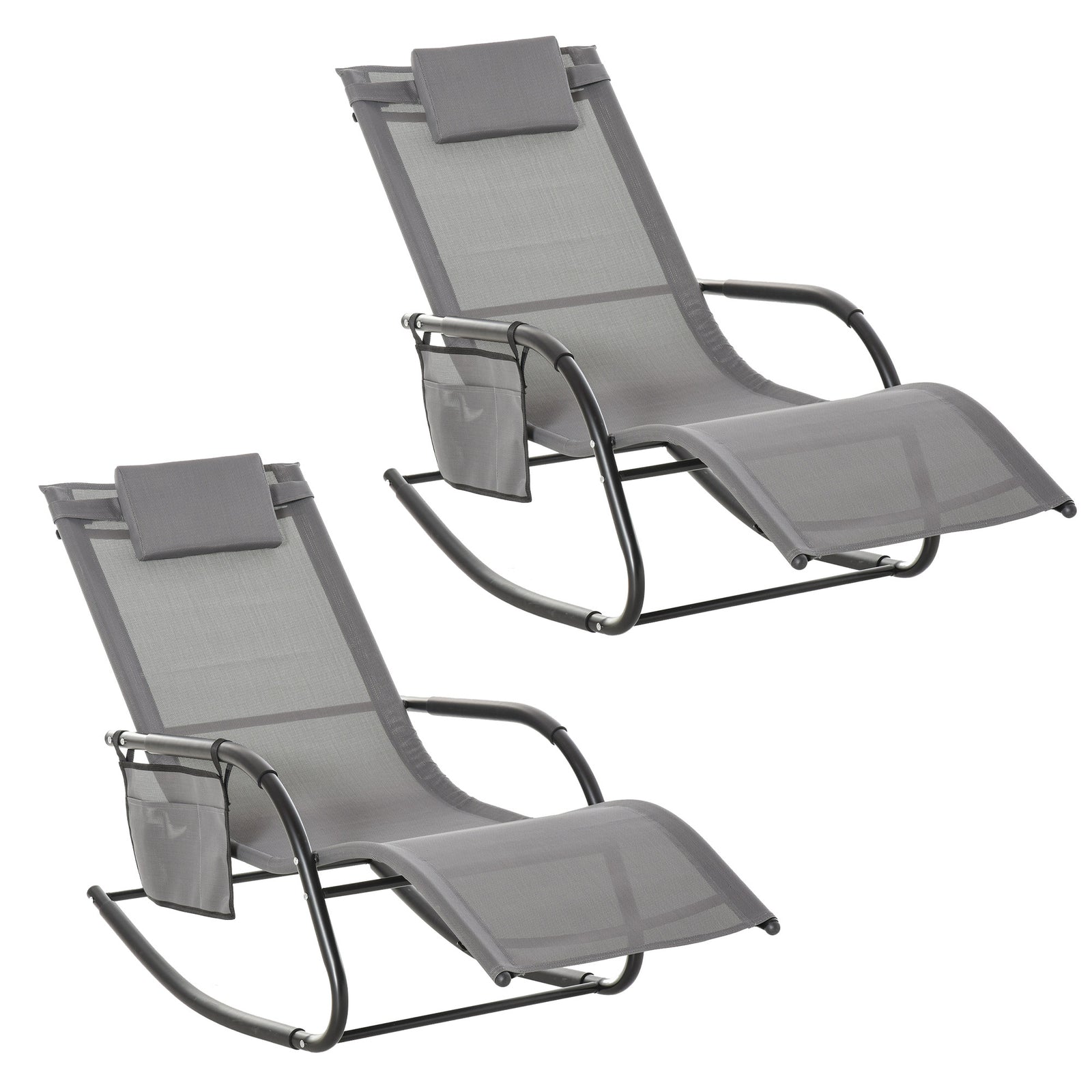 2PCs Outdoor Garden Rocking Chair, Patio Sun Lounger Rocker Chair with Breathable Mesh Fabric, Removable Headrest Pillow, Armrest, Side Storage Bag, Grey