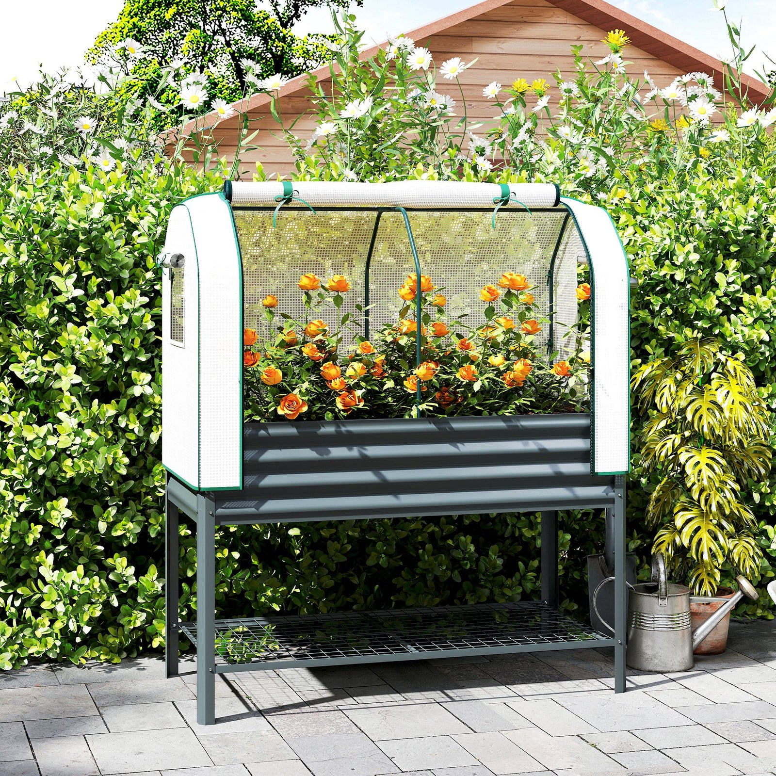 Galvanised Raised Planter with Greenhouse Cover, Metal Raised Garden B