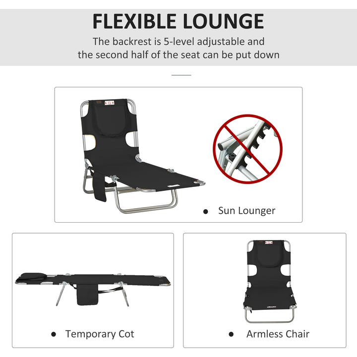 Foldable Sun Lounger, Beach Chaise Lounge with Reading Hole, Arm Slots, 5-Position Adjustable Backrest, Side Pocket, Pillow for Garden, Beach, Pool, Black