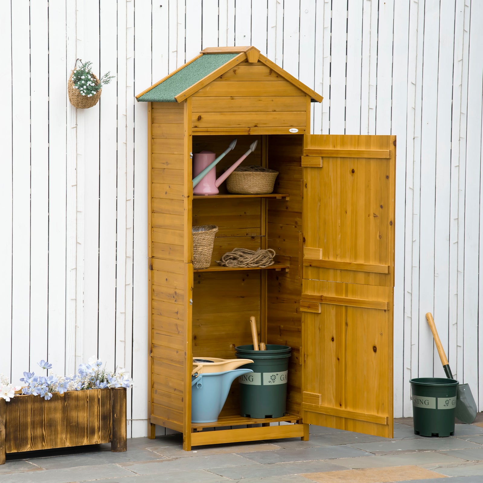 Wooden Garden Storage Shed Utility Gardener Cabinet w/ 3 Shelves and 2 Door, 191.5cm x 79cm x 49cm, Natural wood effect