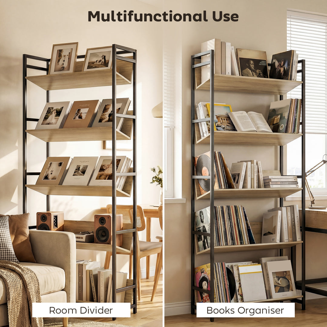 Bookshelf 5-Tier Metal Frame Bookcase Storage Shelves for Living Room 