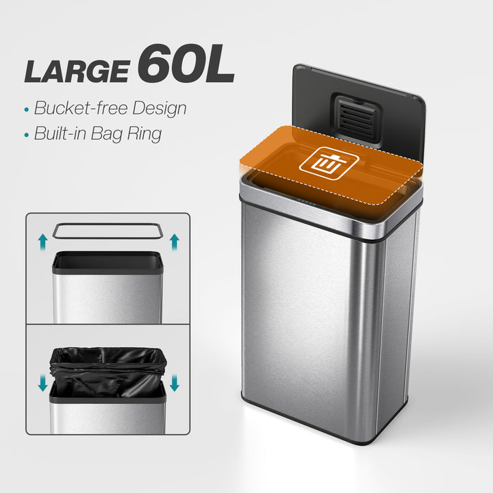 60 L Sensor Can, Sensor Bin with Soft-Close Lid, Fingerprint-Proof Sta