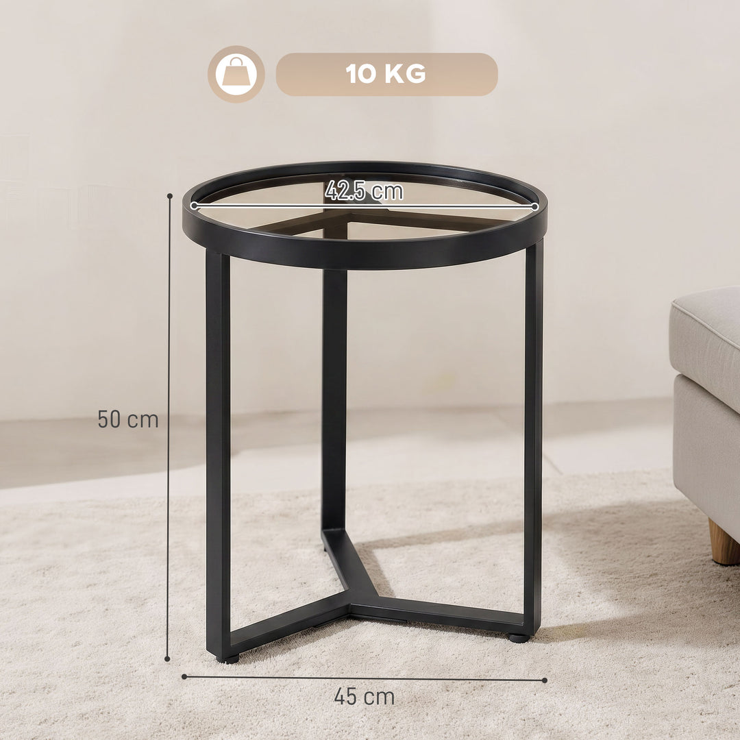 Round Side Table with Tempered Glass Top and Geometric Metal Frame for