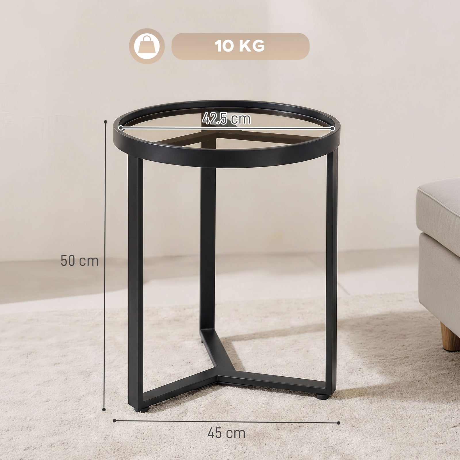 Round Side Table with Tempered Glass Top and Geometric Metal Frame for