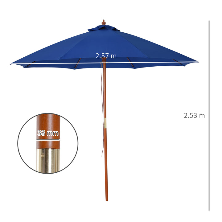 Outsunny 2.5m Garden Parasol Umbrella, Outdoor Market Table Umbrella with Wooden Pole & 8 Fibre Glass Ribs, Round Sun Shade Canopy, Blue
